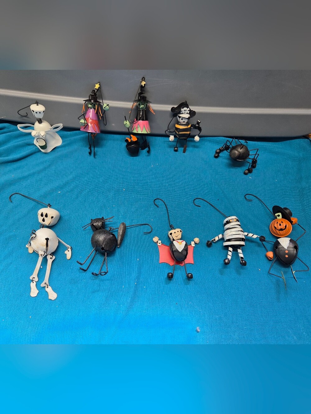 Vintage Halloween Metal Bell Ornament Chime Lot Skeleton Cat Bat Spider Pumpkin